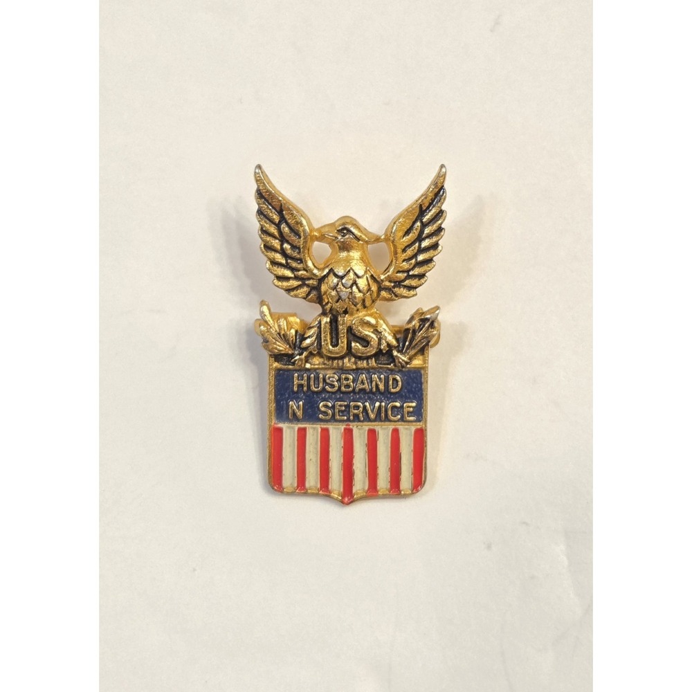 WWII Sterling Silver Husband In Service Eagle Flag Lapel Pin Gold Tone
